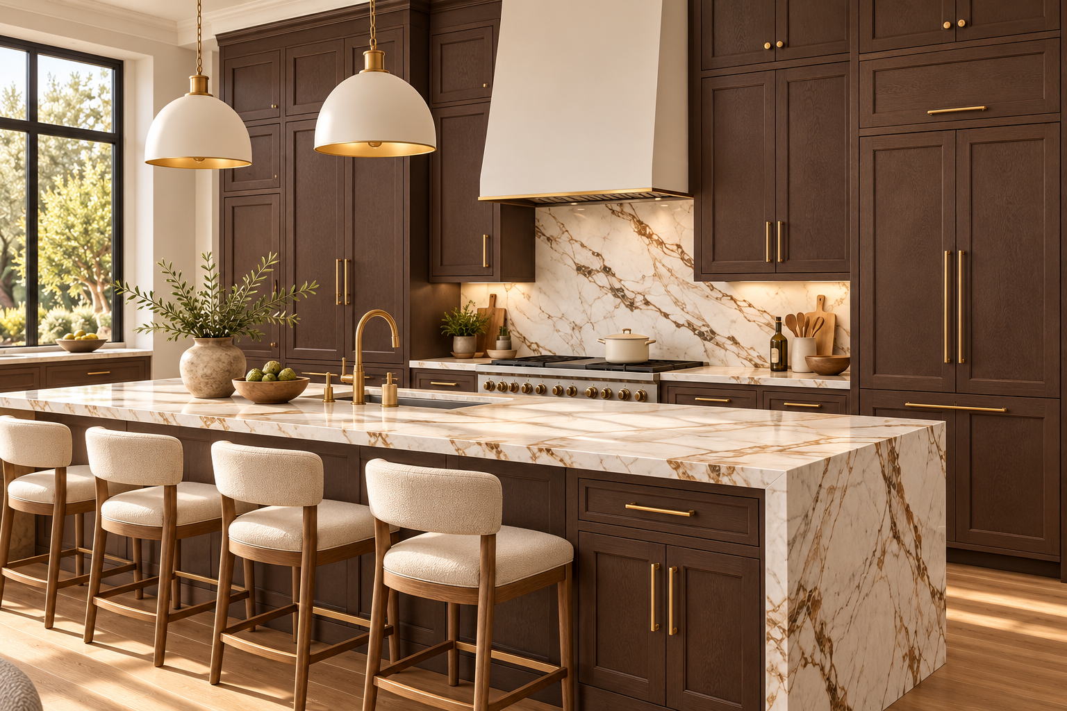 Dark Espresso Shaker kitchen design with wood grain cabinets and pale stone countertops