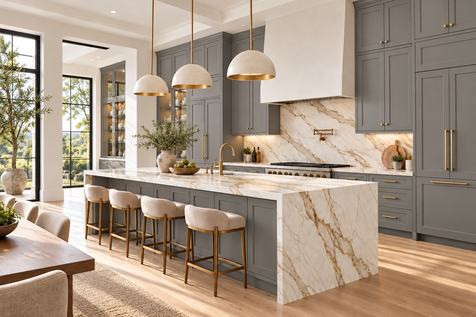 Grey Shaker kitchen design with a marble island and natural oak flooring