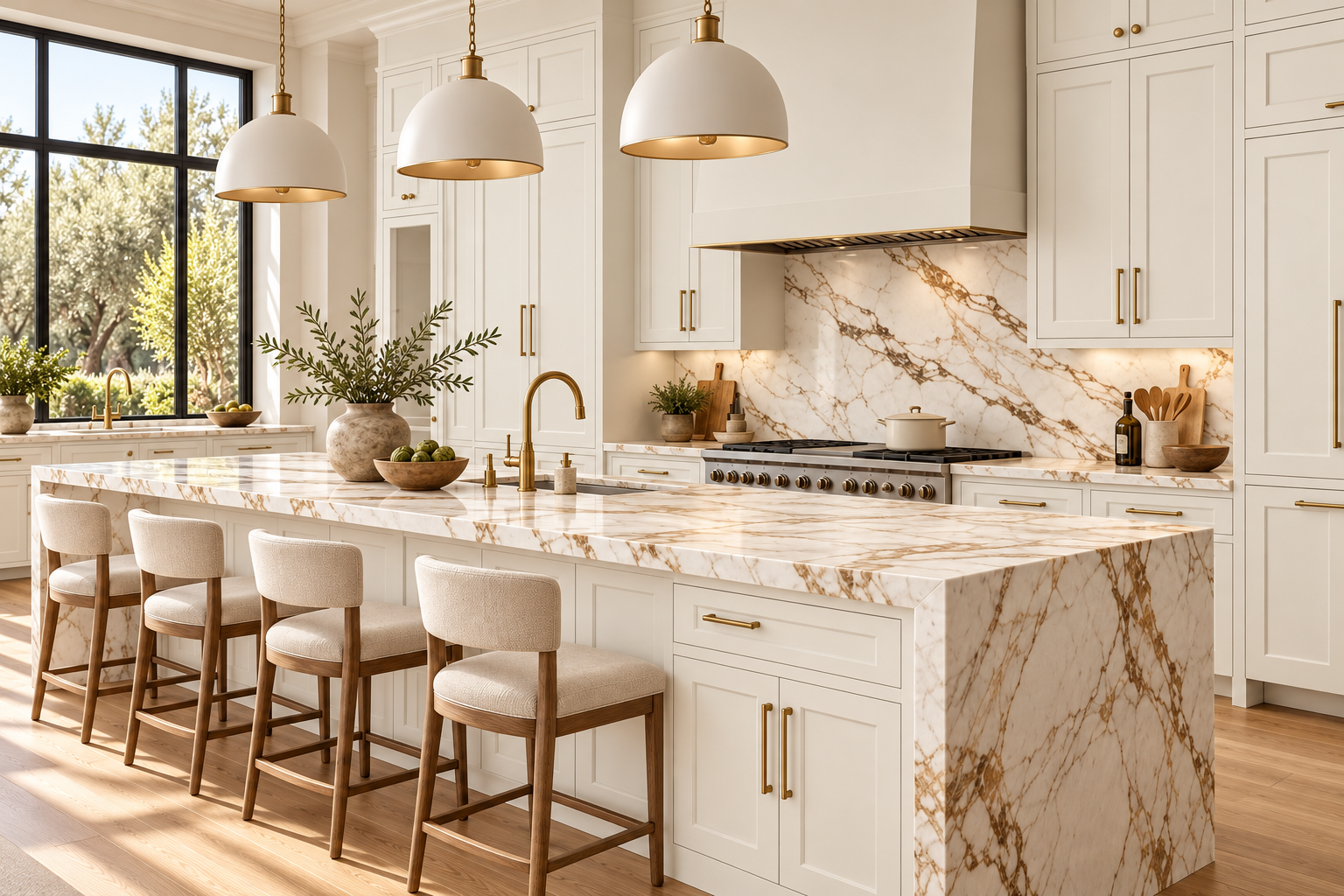 Off White Shaker kitchen design with a marble island and brass details
